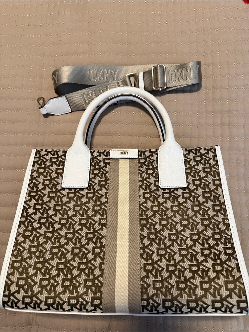 DKNY Brown & White Logo Canvas Tote with Beige Stripe